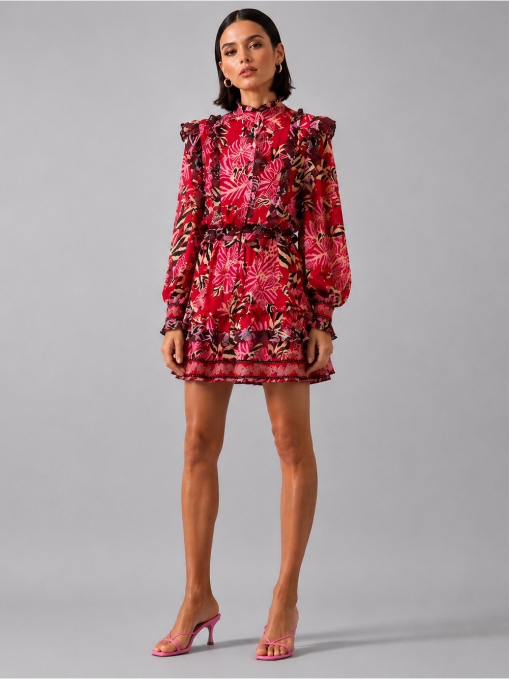 FARM Rio Mixed Floral Ruffled Mini Dress XXS